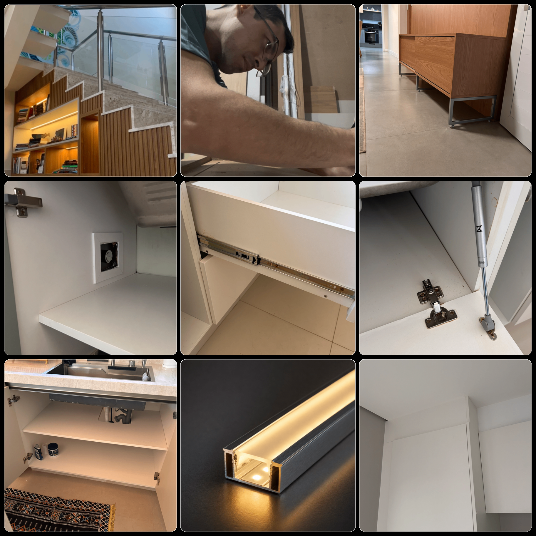 Colagem de trabalhos realizados pela Installe: móveis sob medida, detalhes de montagem, ferragens e iluminação em LED